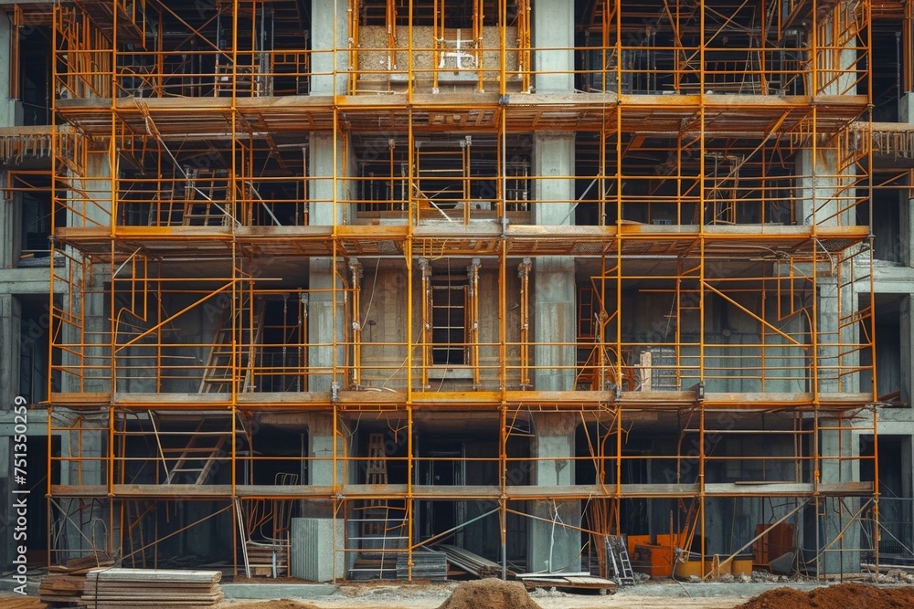 Construction site with scaffolding in front of a building under construction, industrial work in progress