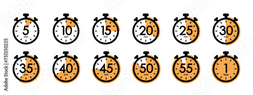 set of timer symbols, stopwatch, clock, timer symbol, cooking, application, waiting time vector illustration
