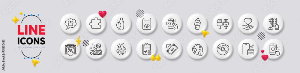 Call center, Heart rating and Ice cream line icons. White buttons 3d icons. Pack of View document, Accepted payment, Phone calendar icon. Hot loan, Computer cables, Hold heart pictogram. Vector Call center, Heart rating and Ice cream line icons. White buttons 3d icons. Pack of View document, Accepted payment, Phone calendar icon. Hot loan, Computer cables, Hold heart pictogram. Vector