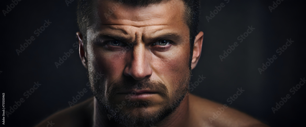 Bodybuilder Brave face close up, against a dark and dramatic background Bodybuilder Brave face close up, against a dark and dramatic background