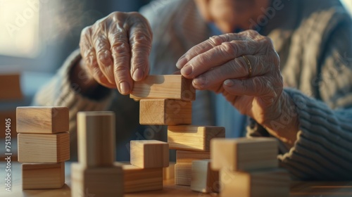 Senior's Playful Strategy, Elderly hands tactfully arranging wooden blocks, symbolizing strategy and mental agility amidst the tranquility of a sunlit room © Viktorikus