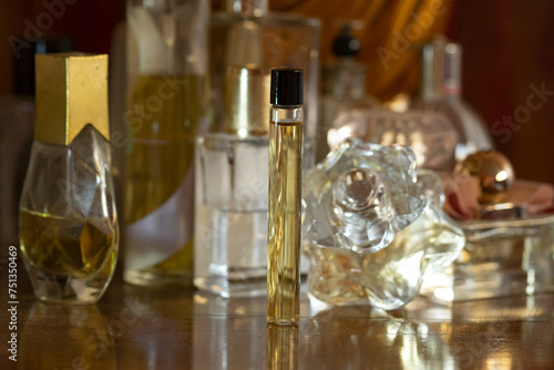 perfume bottle on a wooden cabinet