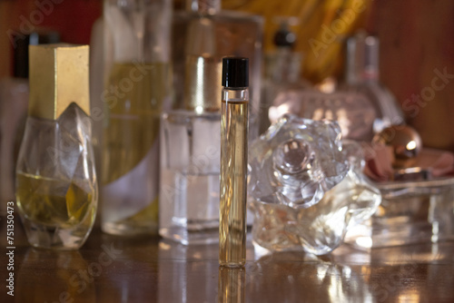 perfume bottle on a wooden cabinet