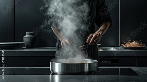 a stainless steel hotpot brimming with sizzling hot oil, highlighting the harmony of flavors and textures. photo