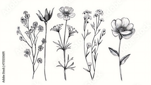 Wild flowers vector collection. herbs, herbaceous flowering plants, blooming flowers, subshrubs isolated on white background. Hand drawn detailed botanical. Generative Ai