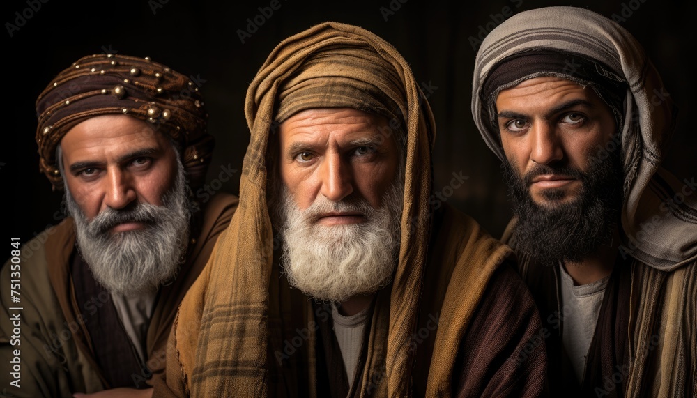 Three wise men wearing headscarves are depicted in a scene resembling the Three Wise Men. The men are dressed in traditional attire with head coverings and are positioned together. Three wise men wearing headscarves are depicted in a scene resembling the Three Wise Men. The men are dressed in traditional attire with head coverings and are positioned together.