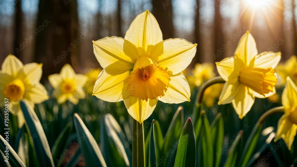 Fototapeta premium Sunlit yellow daffodils in bloom for spring background or banner