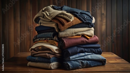 Stack of clothes on a wooden table © RENDISYAHRUL