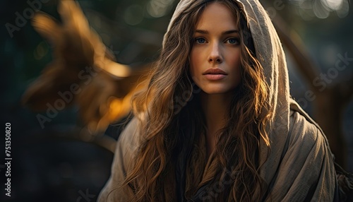 A woman depicting as Mary Magdalene with long hair is seen wearing a hooded jacket, giving an air of casual comfort and warmth photo