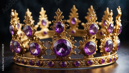Regal golden crown with purple amethyst gemstones on dark background