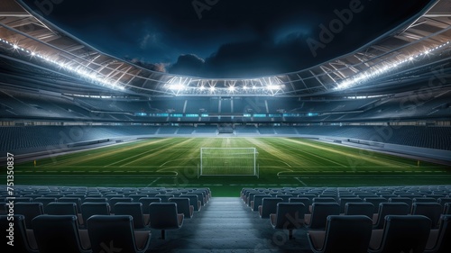 a football stadium with empty seats and a pristine field, evoking the tranquil calm before the action, symbolizing the essence of team spirit and competition in a grand and awe-inspiring setting.