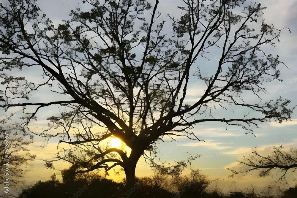 silhouette of tree  tree, sunset, landscape, sky, nature, silhouette, dusk, trees, branch, winter, sun, blue, sunrise, evening, Ai generated 