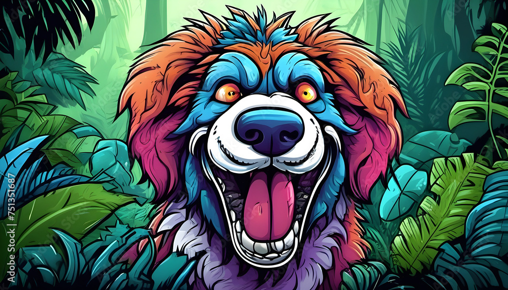 wide colourful illustration drawing with funny cartoon dog character ...