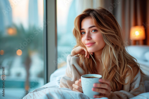 A young woman enjoys a cozy morning with coffee in bed, overlooking a cityscape from a high-rise hotel. photo