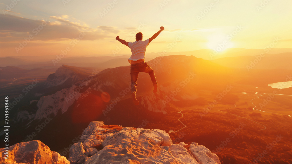 Happy success man with open arms jumping on mountain top, generative ai