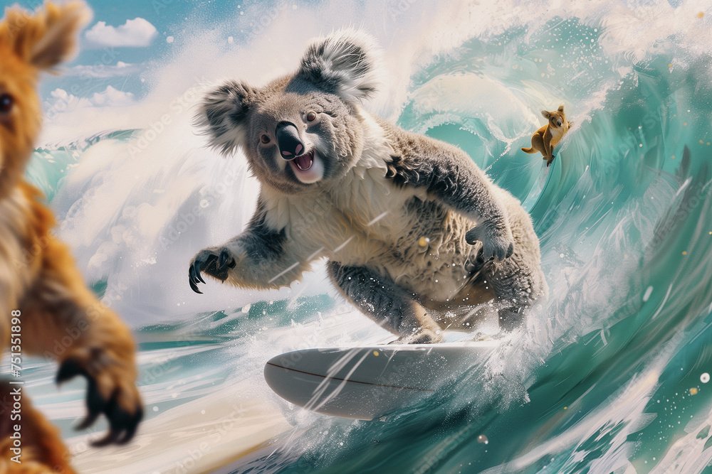 A koala surfs a wave, generative ai - obrazy, fototapety, plakaty 