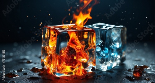 Showcase an ultra-realistic image of an ice cube and a fire cube arranged on a textured surface, with the environment reflecting their contrasting natures. -AI Generative