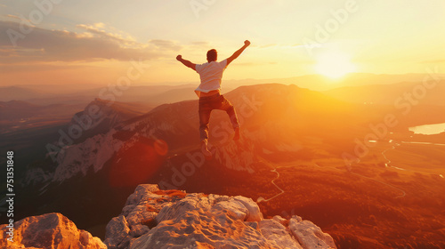 Happy success man with open arms jumping on mountain top, generative ai