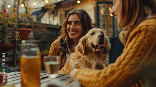 Two young women sitting at a table in a cafe on the street and having fun with their dog