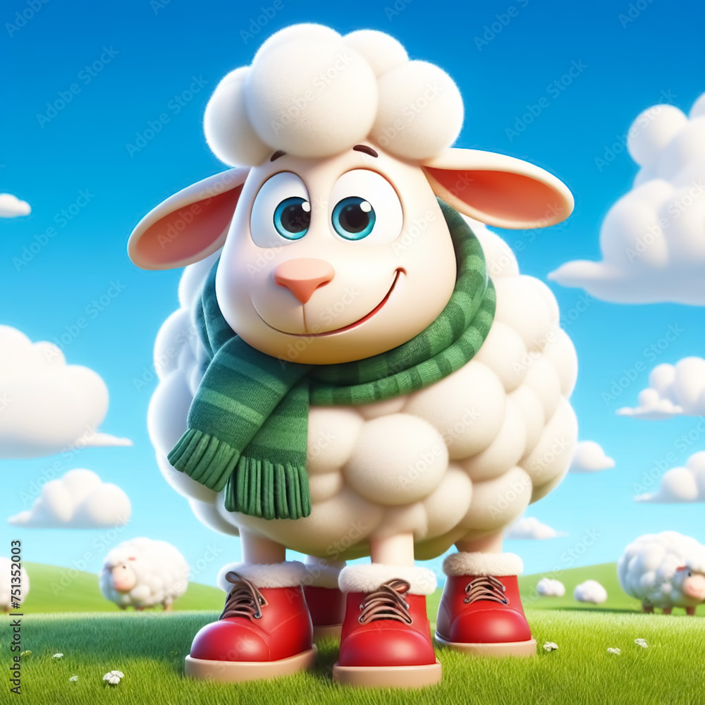 Fototapeta premium 3D funny sheep, lamb cartoon. Farm animals for children's illustrations. AI generated