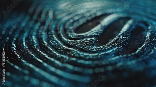 Intricate Fingerprint Patterns Close-up, Close-up of detailed fingerprint patterns highlighted by blue biometric analysis, symbolizing security and identity © Viktorikus