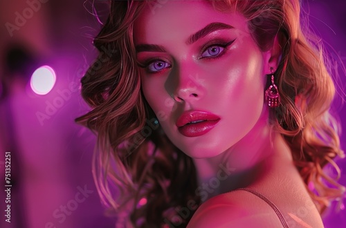 Glamorous Woman with Lush Makeup in Neon Light, beautiful woman in high quality makeup, exquisite portrait of a glamorous woman bathed in neon light, showcasing detailed high-quality makeup 