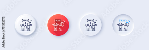 Voting campaign line icon. Neumorphic, Red gradient, 3d pin buttons. People rally with signs. Public election symbol. Line icons. Neumorphic buttons with outline signs. Vector