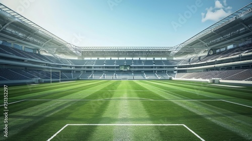 a football stadium with empty seats and a pristine field, evoking the tranquil calm before the action, symbolizing the essence of team spirit and competition in a grand and awe-inspiring setting.