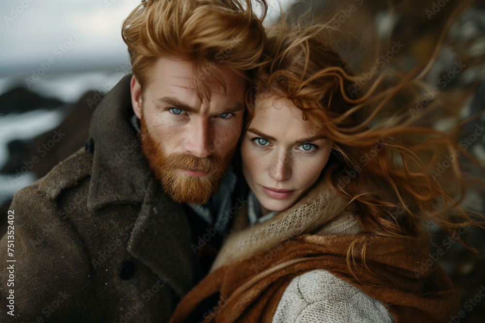 Fototapeta premium a man hugs a woman against the backdrop of the cold winter sea