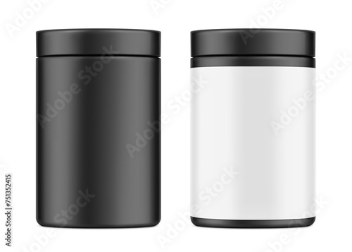 Black package container for sport nutrition. Vector illustration isolated on white background. Can be use for your design, advertising, promo and etc. EPS10.