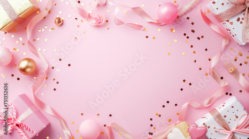 Pink gift boxes adorned with golden and pink ornaments, ribbons, and confetti on a soft pink background. Copy space in the centre. Ideal for celebrations like birthdays or Valentine’s Day.