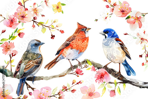 Springtime Symphony: Watercolor Birds Perched Among Blossoms - Isolated on White Transparent Background