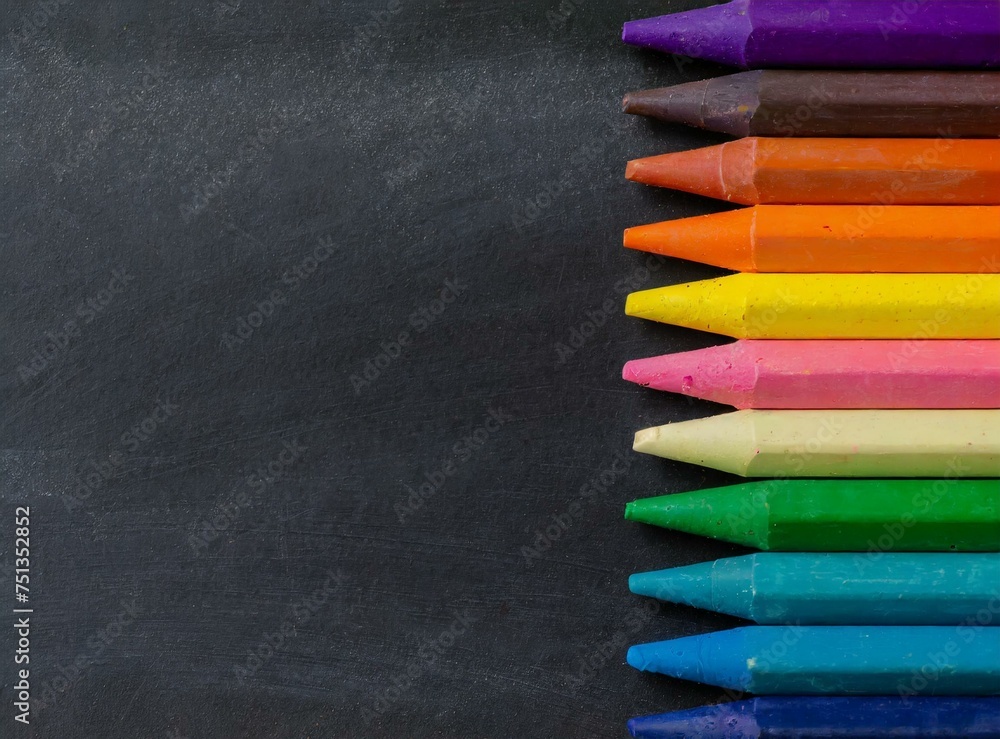 Colorful crayons on the blackboard. Back to school background. Copy space for text. Colorful crayons on the blackboard. Back to school background. Copy space for text.