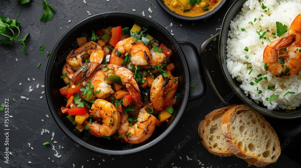 a black bowl filled with headless shrimps and vibrant vegetables next to another black bowl holding fluffy white rice, with bread portions arranged artistically in the frame. a black bowl filled with headless shrimps and vibrant vegetables next to another black bowl holding fluffy white rice, with bread portions arranged artistically in the frame.