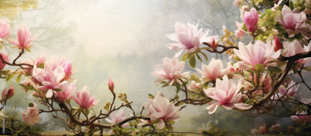 A painting depicting pink flowers blooming on a tree branch in a lush green garden during summertime. The vibrant pink blossoms of the magnolia tree stand out against the green foliage, creating a
