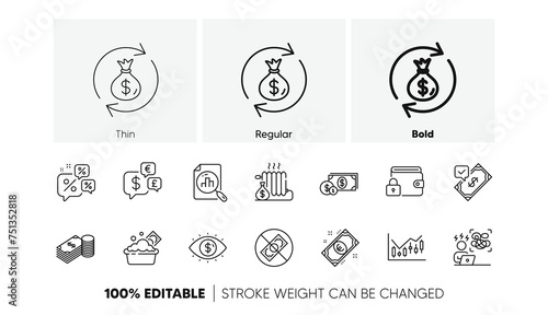 Lock, Business vision and Money exchange line icons. Pack of Dollar money, Analytics graph, Corrupt icon. Financial diagram, Savings, Radiator pictogram. Difficult stress. Line icons. Vector