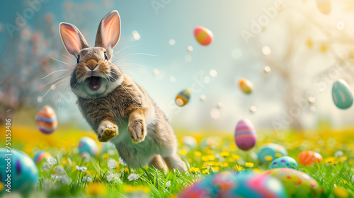 Easter day, Happy Easter Bunny with many colorful easter eggs, Easter wallpaper with easter eggs in a basket ai generated image, Easter poster and banner template with Easter eggs, Ai generated image