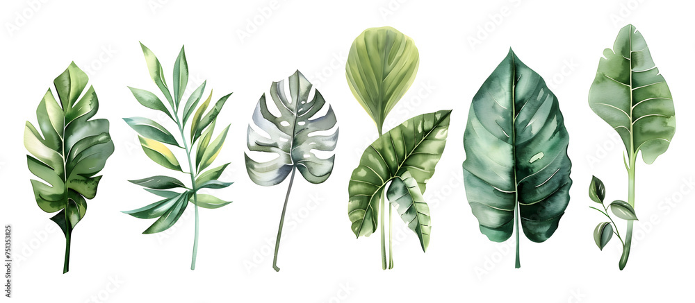 A watercolor vector illustration set featuring tropical leaves, exotic plants, palm leaves, and monstera isolated on a white background. - obrazy, fototapety, plakaty 