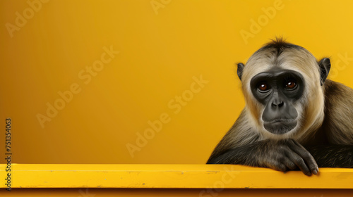 A monkey perched on a bright yellow table with copy space  photo