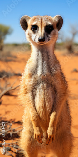A meerkat stands on its hind legs in the arid Desert © Jean Isard