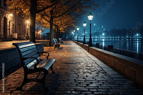 a bench on a brick path with trees and street lights