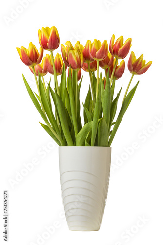 Bunch of vibrant tulips in vase isolated