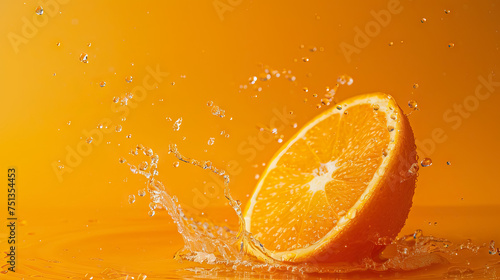 side view slide cut piece of orange drop on orange background with orange juice splash water - AI Generated