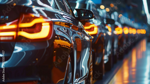 Mass production assembly line of modern cars, Blurred Background of Luxury Cars in Showroom with Bokeh Lights, Ai generated image © PixxStudio