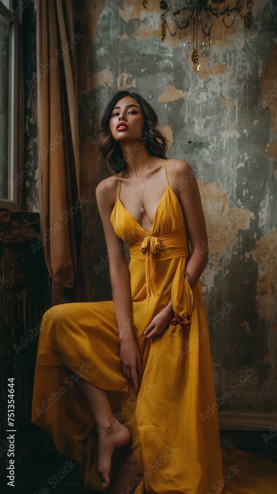 Elegant woman in a yellow outfit, vintage vibes