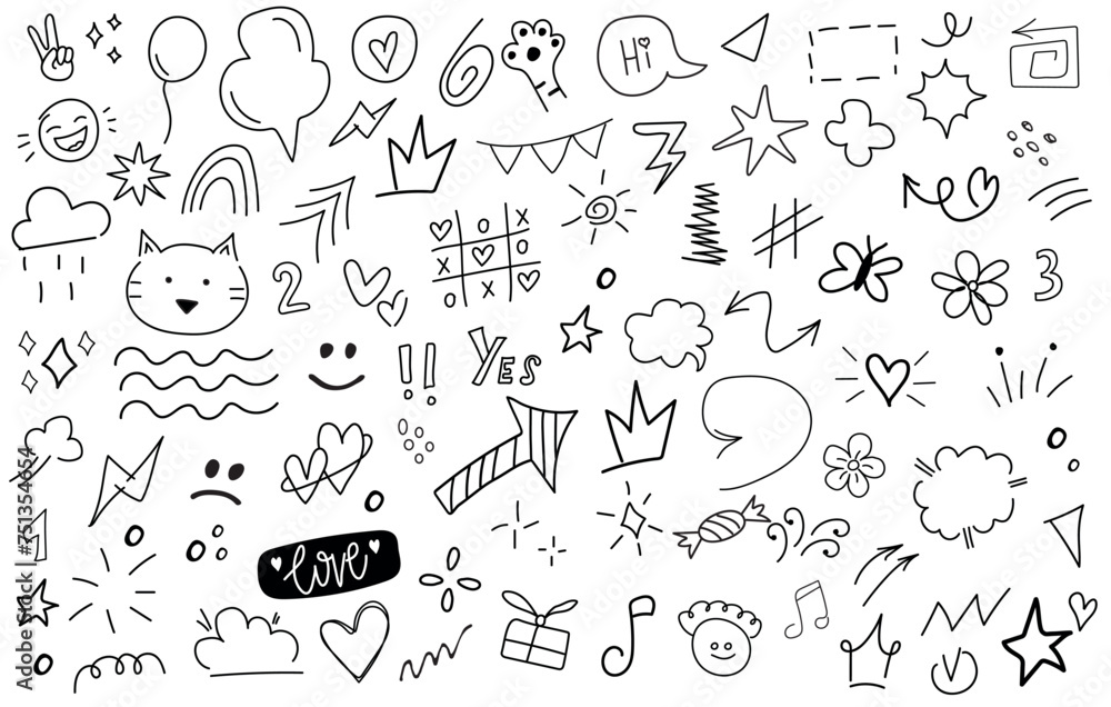 Big set of cartoon doodle hand drawn elements. Line art. Crowns, hearts, stars, flowers, sparkles, cat,  arrows, lightnings, smiley, rainbow and other funny design elements.
