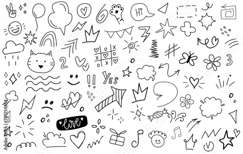 Big set of cartoon doodle hand drawn elements. Line art. Crowns, hearts, stars, flowers, sparkles, cat, arrows, lightnings, smiley, rainbow and other funny design elements.