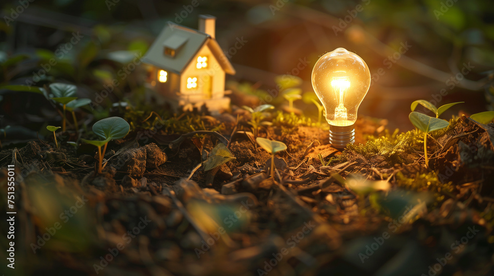 Light bulb in the grass, Light bulb in the forest, Small house model and light bulb on the ground for, Ai generated image Light bulb in the grass, Light bulb in the forest, Small house model and light bulb on the ground for, Ai generated image