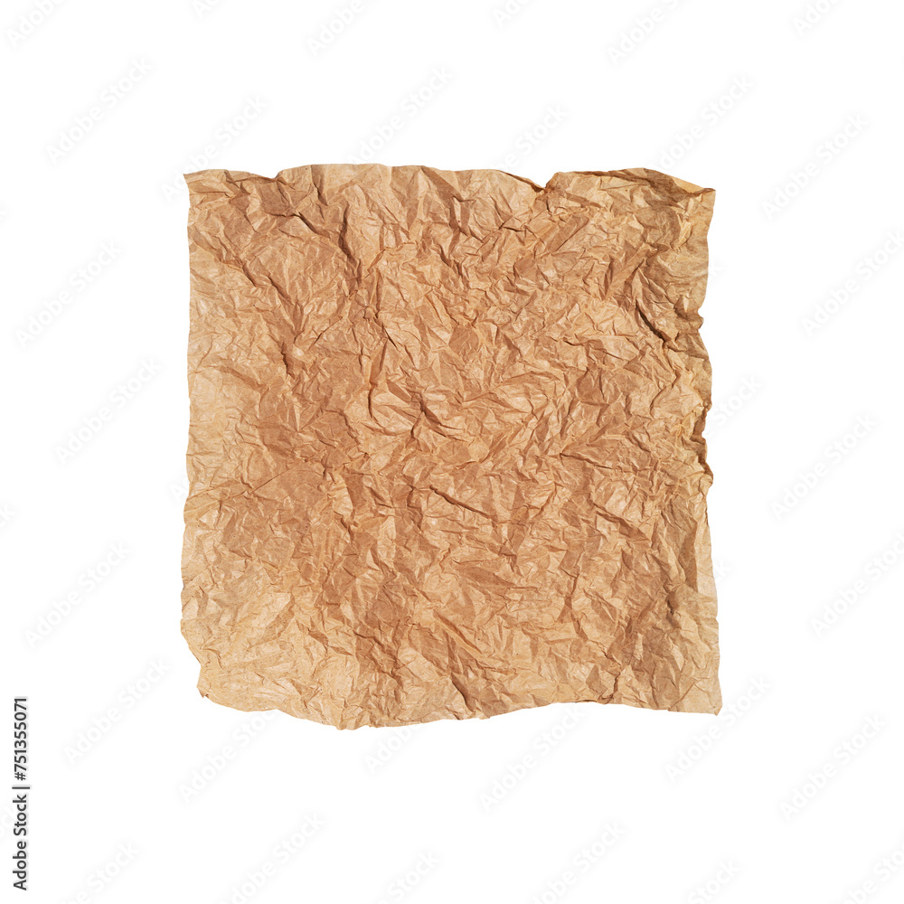 Isolated, square crumpled sheet of craft wrapping brown paper on transparent background. Zero Waste, plastic free, eco packaging concept. Vintage texture blank sheet for the designer. Flat lay Isolated, square crumpled sheet of craft wrapping brown paper on transparent background. Zero Waste, plastic free, eco packaging concept. Vintage texture blank sheet for the designer. Flat lay