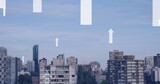 Image of white arrows pointing up over cityscape background